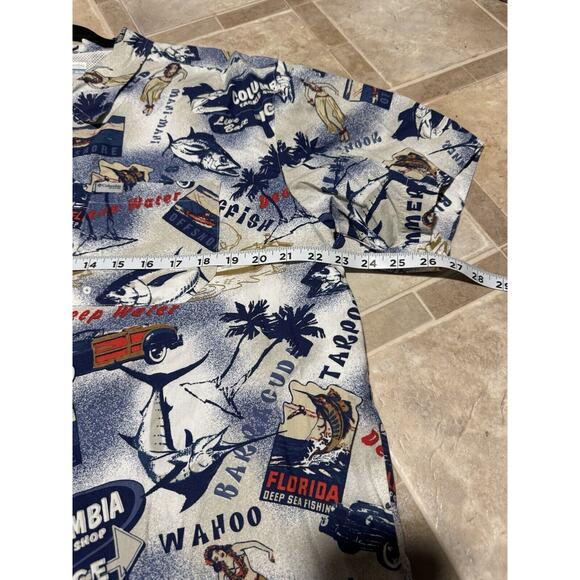 Columbia PFG Mens Blue Short Sleeve Button Up Tackle Shop Hula AOP Size XL - Picture 6 of 6